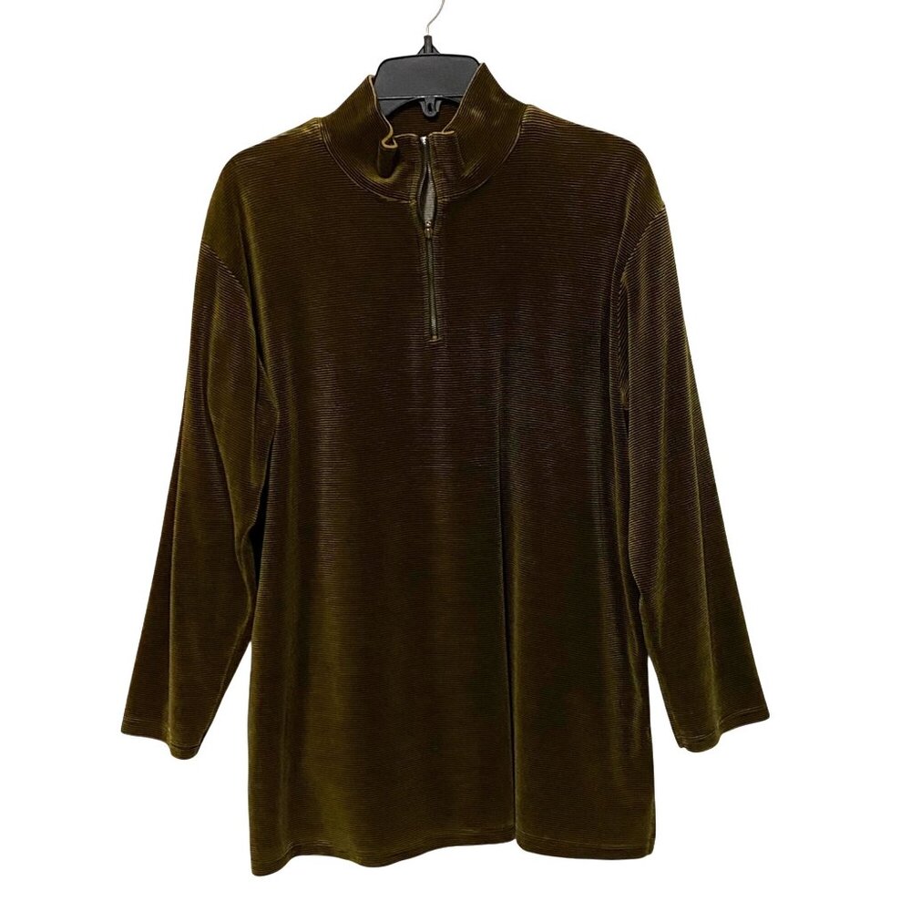 Vintage Velour Womens 1/4‎ Zip Top L Brown Pinstripe Casual Comfy Fall Mock Neck